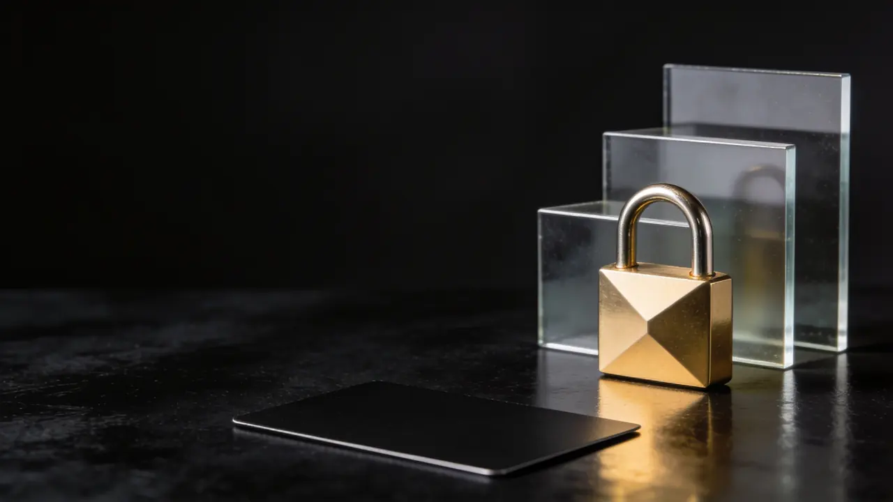 A gold padlock beside a plain black card, with three rising glass panels representing ascending verification levels