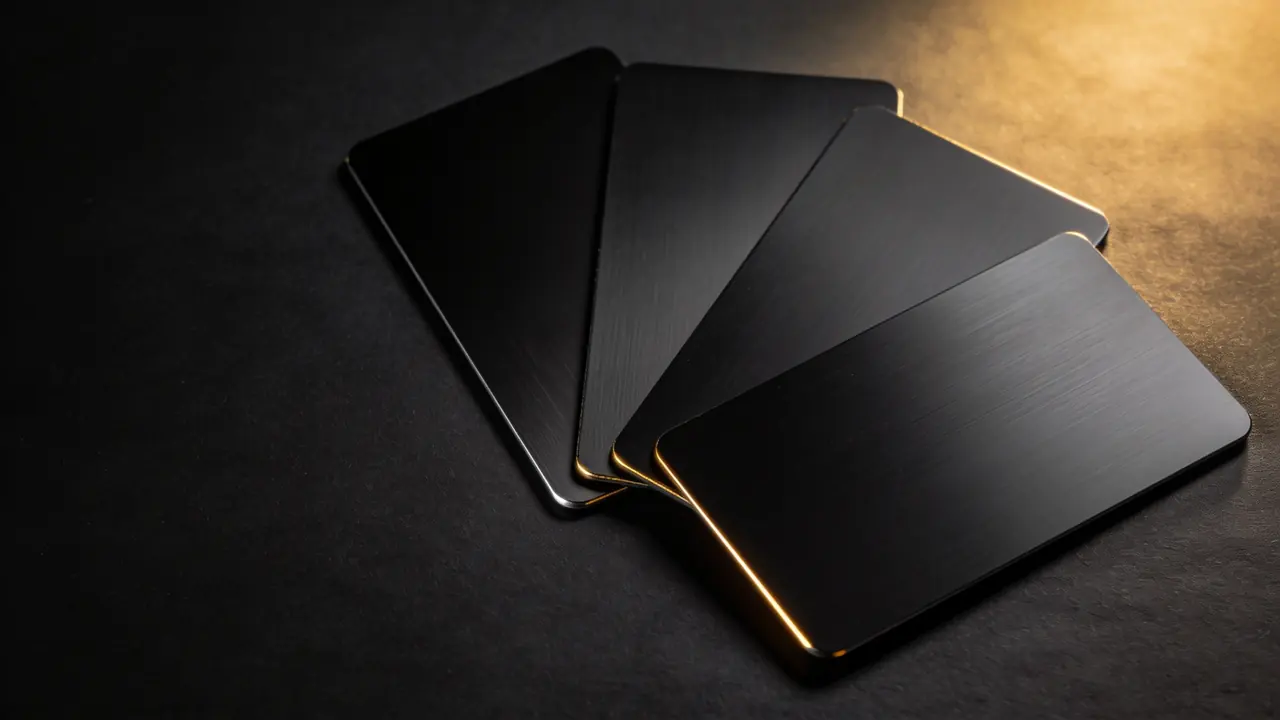 Four matte black payment cards fanned out on a dark surface, each edge catching a gold highlight